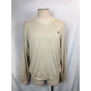 Mens XL Polo Ralph Lauren‎ Pima Cotton Sweater V-Neck Tan Blue Pony Pullover